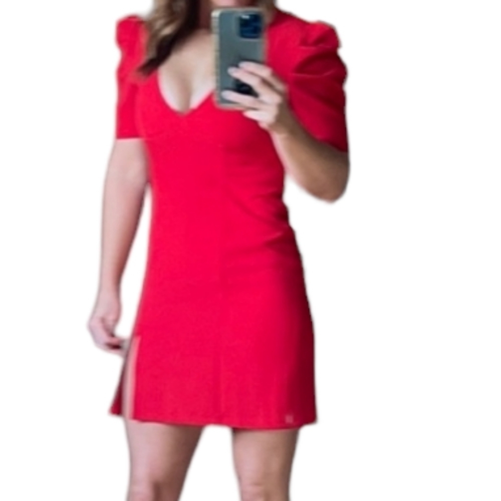 Forever 21 Red Puff Sleeve Mini Dress Short Sleeve V-Neck Party Dress Size Med - Picture 1 of 15